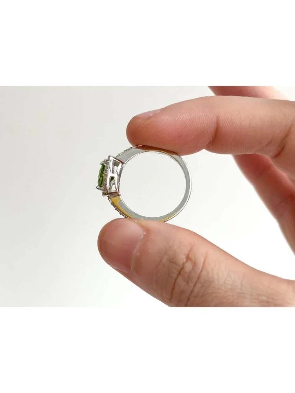 Trillion Cut Peridot Gemstone Halo CZ Sterling Silver 925 Vintage Ring - sz 8